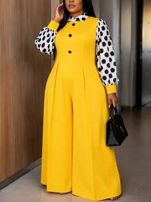 AOMEI Damen Große Größen eleganter & anmutiger gelber Polka Dot Langarm Jumpsuit mit hoher Taille und weitem Bein, Büro Party formelle Business Damen Arbeitskleidung, Schulanfang Abschlusssaison, Business Präsentation, Damen Arbeitsplatz Pendeln Party formeller Business Anzug - Gelb - Übersicht 2