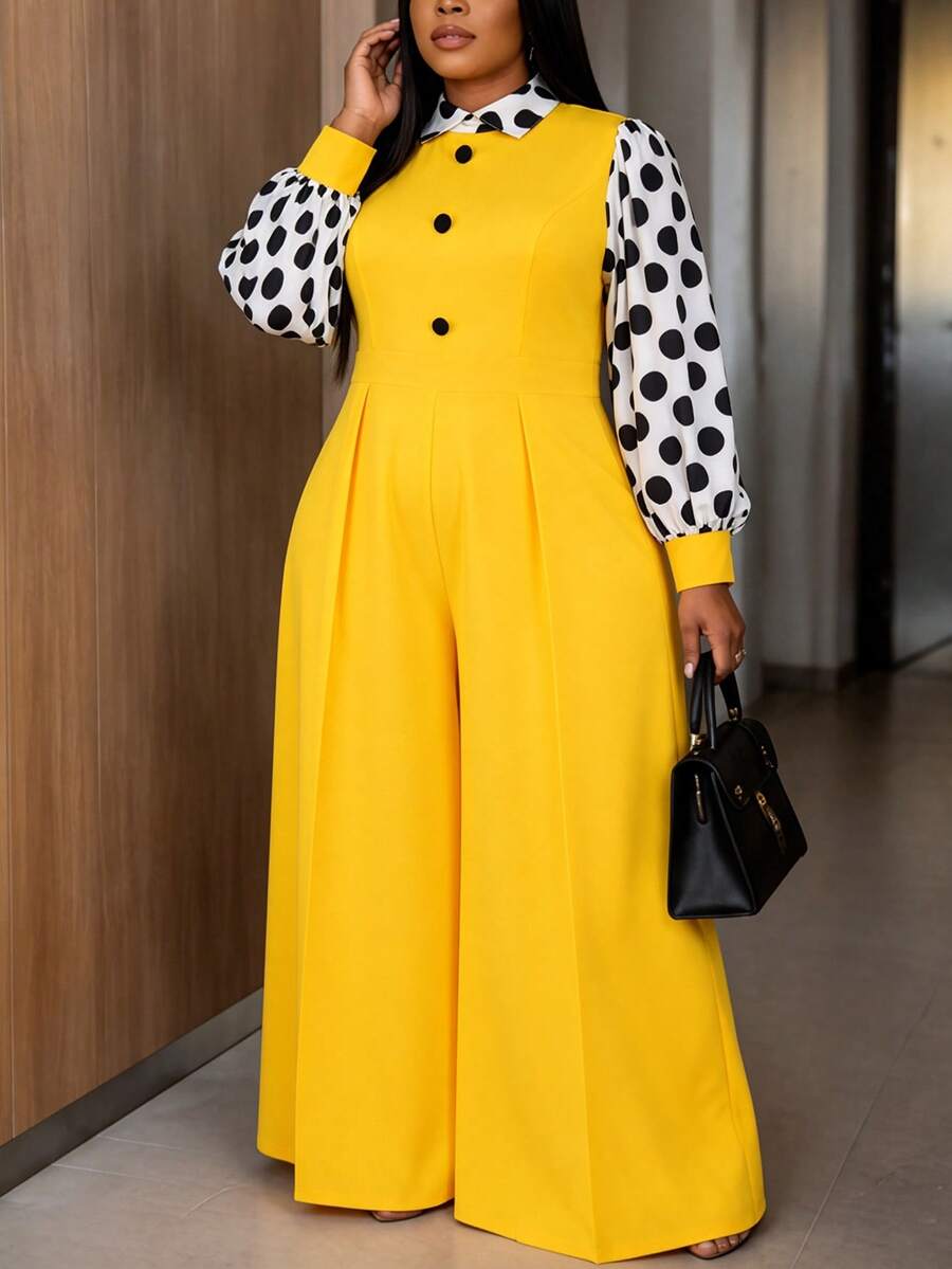 AOMEI Damen Große Größen eleganter & anmutiger gelber Polka Dot Langarm Jumpsuit mit hoher Taille und weitem Bein, Büro Party formelle Business Damen Arbeitskleidung, Schulanfang Abschlusssaison, Business Präsentation, Damen Arbeitsplatz Pendeln Party formeller Business Anzug