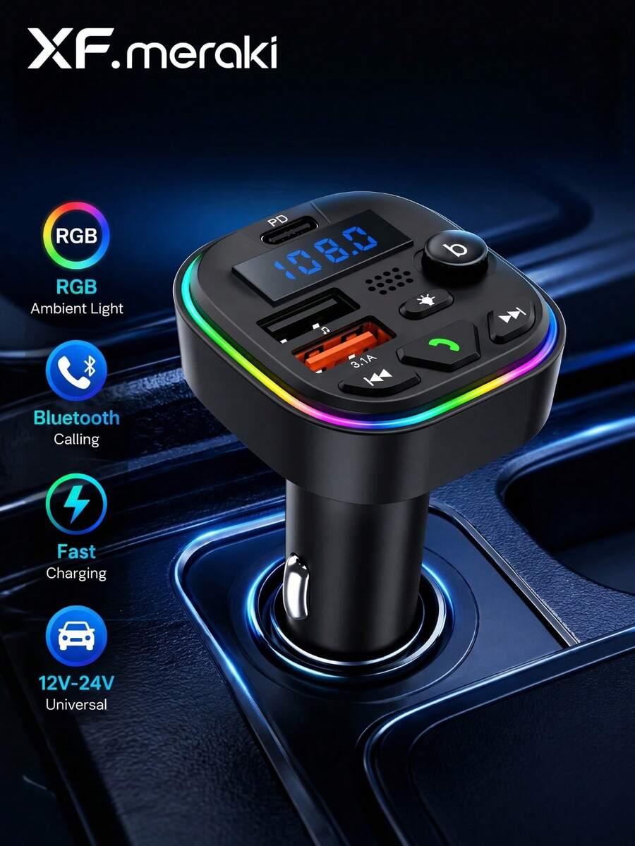 XF.Meraki 藍牙車充,RGB 氛圍燈,3 埠快充,USB-C 充電器,內建麥克風,適用音樂/通話/導航,藍牙 5.3 自動重連,雙藍牙/USB 模式,汽車配件 - FM藍牙發射器 - 查看 1