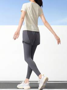 CAMEL CROWN Women's Yoga Suit Set For Summer Running Casual Breathable Sportswear Slim Fit Quick-Drying Training Fitness Pilates - Pale Moon Yellow Graphite Gray - View 4