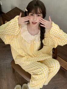 2pcs/Set Women's Pajamas Loungewear Set, Korean Style Casual Plaid Print Matching Set, Long Sleeve Long Pants, Suitable For Home And Casual Wear - Yellow - View 9
