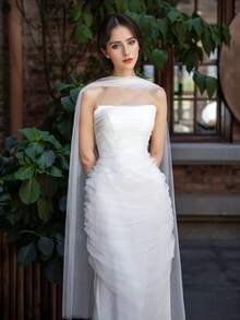 1 pieza Chal largo de malla blanca para mujer, 350X60cm Elegante velo de novia, adecuado para boda, banquete, actuación, fiesta, accesorio de fotografía de viaje, accesorio nupcial, decoración festiva, bufanda de cuello premium estilo coreano, bufanda larga de malla suave, velo de hombro para cola de vestido de novia, bufanda larga de gasa premium estilo coreano vintage, chal exterior para vestido de novia cheongsam - Blanco - Ver 7