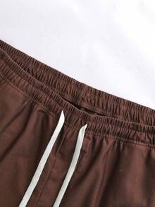 Men's Summer Corduroy Straight Leg Drawstring Shorts, Loose Casual Sports Beach Pants, Letter Pattern Decoration, With Pockets - Coffee Brown - View 8