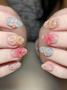 30pcs Handmade 3D Starfish Shell Flower Press On Short Oval Nails, Summer Sheer Nude Light Blue Water Ripple Seaside Cute Design Reusable Fake Nail Kit With Jelly Tabs And Nail File - Multicolor - View 7