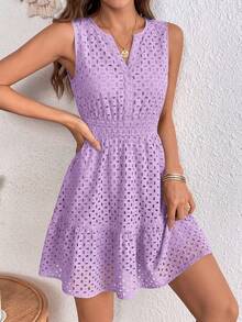 PRETTYGARDEN Women's Summer Dress Sleeveless V Neck Eyelet Cutout Swinging A-Line Flowy City Walks Wedding Guest Graduation Beach Vacation Sun Dress - 淡紫色 - 查看 4