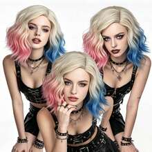 Peruca Sintética Bob Curta Ondulada Ombré Raiz Loira Pastel Rosa Azul para Cosplay, Role Play, Festa, Feriado, Fantasia, Acessório de Cabelo e Uso Diário, Halloween - Multicolorido - Visão 7