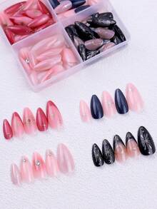 96Pcs 4 Styles Medium Almond Witchy Celestial Press On Nails Graduation Prom Fake Gel Nails Set, Printed Nail Stickers With Moon Star Gold Foil Glitter Gradient Rhinestone Night Sky French Tip, Reusable Manicure Kit With Jelly Gel Nail File For Women - Multicolor - View 3