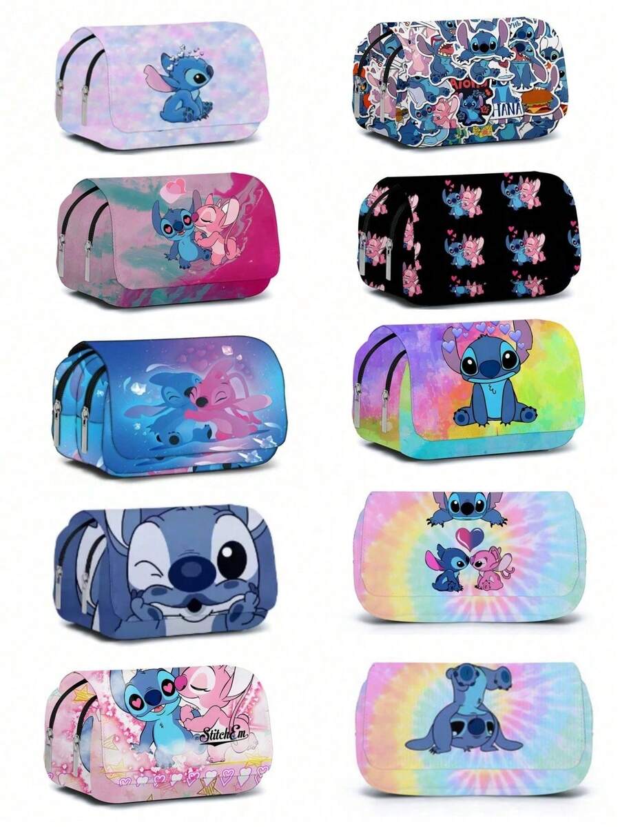 Stitch Multi-Function Compartment Pencil Case, Durable Fabric Storage For Brushes, Pencils, Erasers, Stationery Bag, Lightweight Portable Canvas Large Capacity Stationery Bag, Multi-Layer Storage Zipper Pencil Case, Practical For Middle And High School Students, Cute Cartoon Pencil Case, Highly Attractive Stationery Bag For Elementary Students, Large Capacity Zipper Pencil Storage Bag For Children - Multicolor - View 1