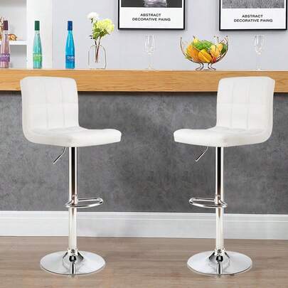 Set Of 2 Square Swivel Adjustable PU Leather Bar Stools With Back And Footrest-White-XY162876