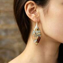 2件組金色鉤耳環，復古大地色斑駁紋理，小眾藝術風女性度假通勤飾品 - 駝色 - 查看 2