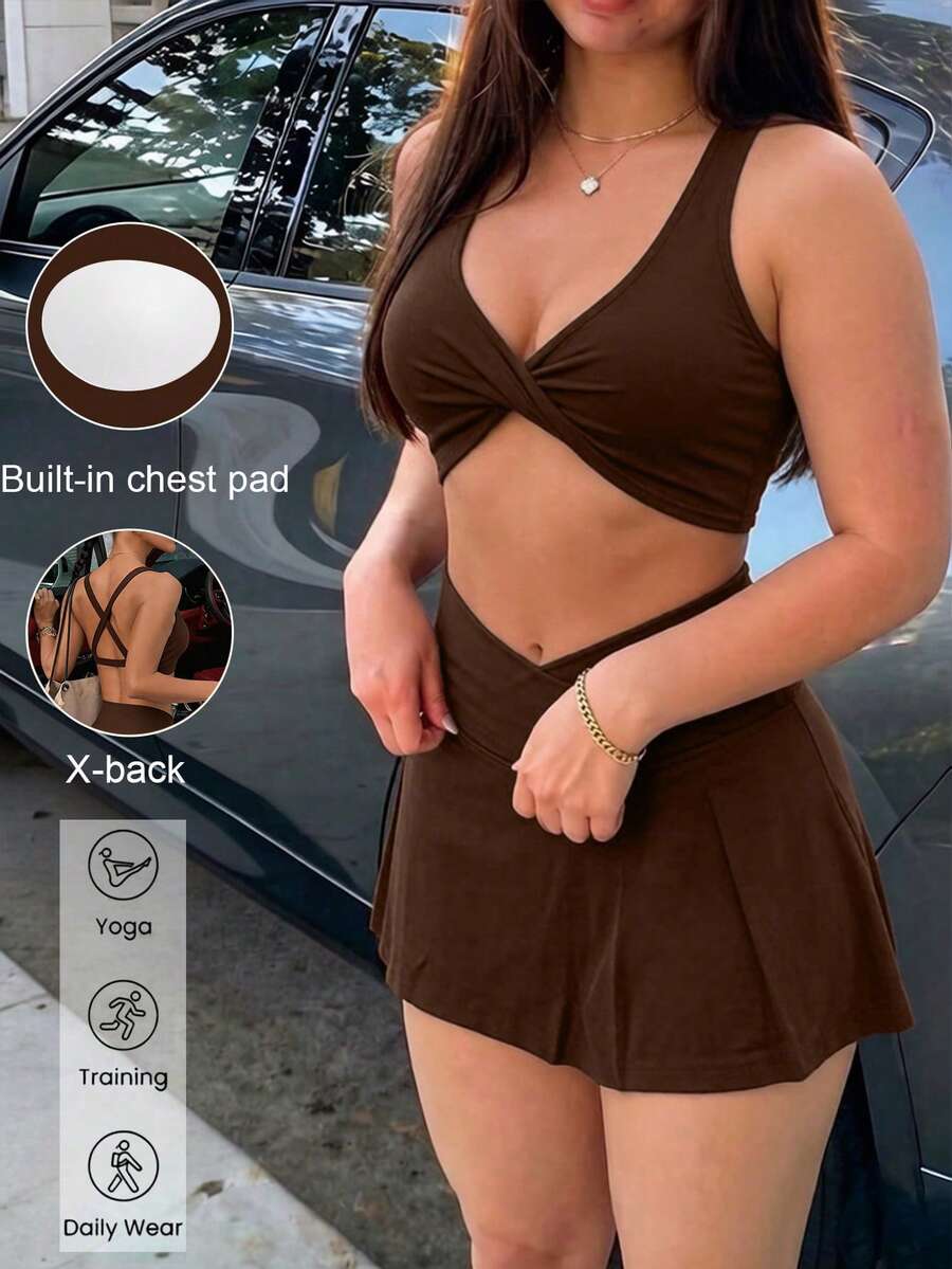 GAOVOT 女款 2 件式運動套裝 夏季性感細肩帶背心(附胸墊)搭配高腰裙褲,適合運動、瑜伽、健身 - 棕色 - 查看 1