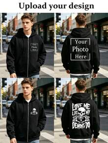 Personalized Custom Men's Hooded Zip-Up Sweatshirt Jacket, Front And Back Pattern Customization LOGO/Christmas/Halloween/Thanksgiving/Dance Team LOGO/Workwear/Campus Class Uniform/Advertising Printing/Lucky Number-Family Pet Friends-Anything Can Be Customized/Autumn Hooded Zip-Up Sweatshirt Jacket Fleece Lined Warm - Black - View 2