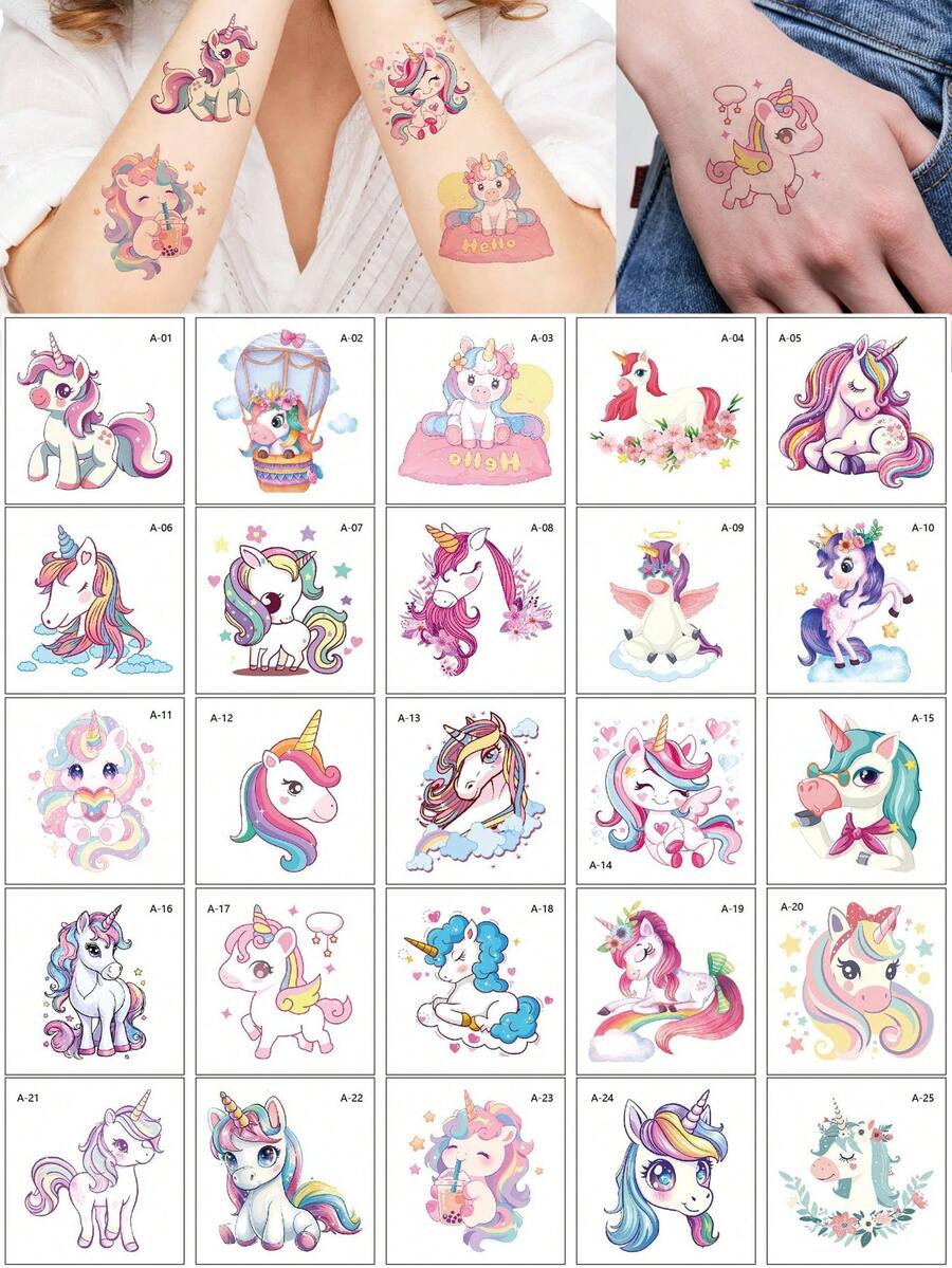 25pcs Waterproof Unicorn Pattern Tattoo Stickers, Disposable Temporary Tattoos For Children, Sweat-Proof Flower Fairy Fake Tattoo For Kids, Cute Cartoon Body Stickers Hand Tattoo Suitable For Party, Daily Time, Festival, Birthday Gifts - Multicolor - View 1
