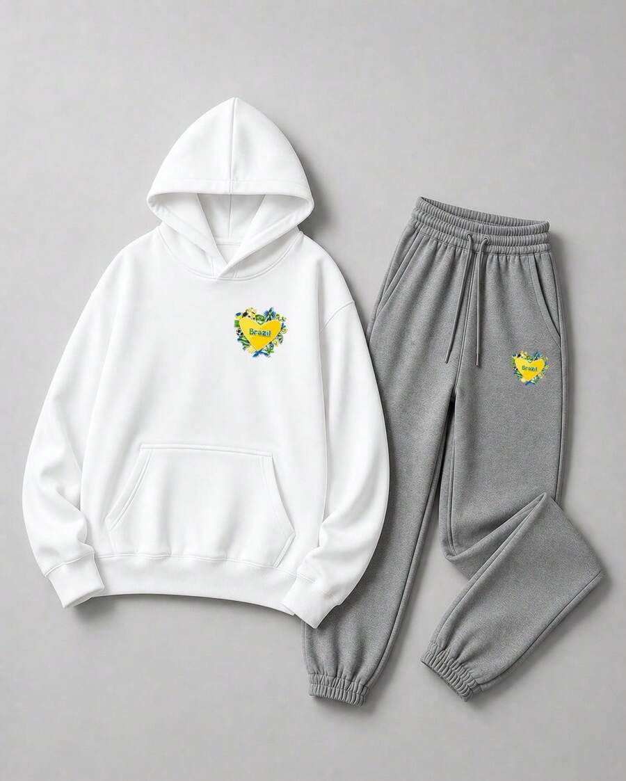 Conjunto Moletom Brazil Coração Brasilidades Estilo Brasil Unissex Agasalho Casual Premium Streetwear Lançamento Envio Imediato Plus Size - Moletom Branco e Calça Cinza - Visão 1