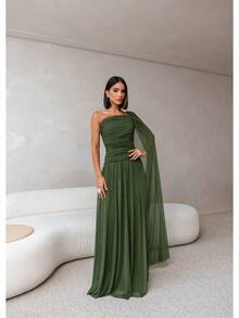 Long, One-Shoulder Party Dress In Dark Nude, Flowing Style, For Bridesmaids/Dates/Graduations/Guests. - Olive Green - View 1