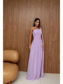 Long, One-Shoulder Party Dress In Dark Nude, Flowing Style, For Bridesmaids/Dates/Graduations/Guests. - Lilac Purple - View 4