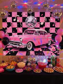 Y2K Millennium Pink Vintage Car Tapestry, 50s Retro Disco Black & Pink Checkerboard Backdrop, Mirror Disco Ball & Music Note Print, Vintage Rock 2000s Party Photo Backdrop, Girl's Bedroom Dorm Birthday Wall Decor - Multicolor - View 5