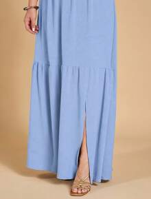 Women's Plus Size Long Dress Duna Flowy 3/4 Sleeve V-Neck Waist Tie Slit Ruffled Hem With Slit - 淺藍色 - 查看 4