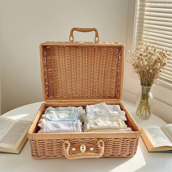 1PC Vintage Style Faux Rattan Handheld Storage Box With Lock And Handle, Woven Storage Basket With Lid, Pastoral Style, Suitable For Closet Organization, Wedding Photography Props, Bohemian Decor And Picnic Storage, Natural Light Brown, Densely Woven Craft, Durable And Resistant To Deformation