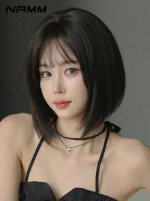 NAMM 12 Inch Straight Bob Wig For Women Lightweight & Comfortable Fluffy Black - Brown Wigs With Bangs, Synthetic Full Machine Heat Resistant Fiber Hair Wigs For Daily Y2K, Lolita & Goth Styles-All-Match Fashion Accessories - Black Brown - View 5
