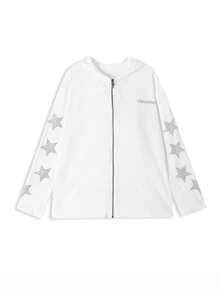 Rhinestone + Sword Zipper Pull + Gunmetal Zipper Casual Sun Protection Cover-Up Shirt For Women White - White - View 9