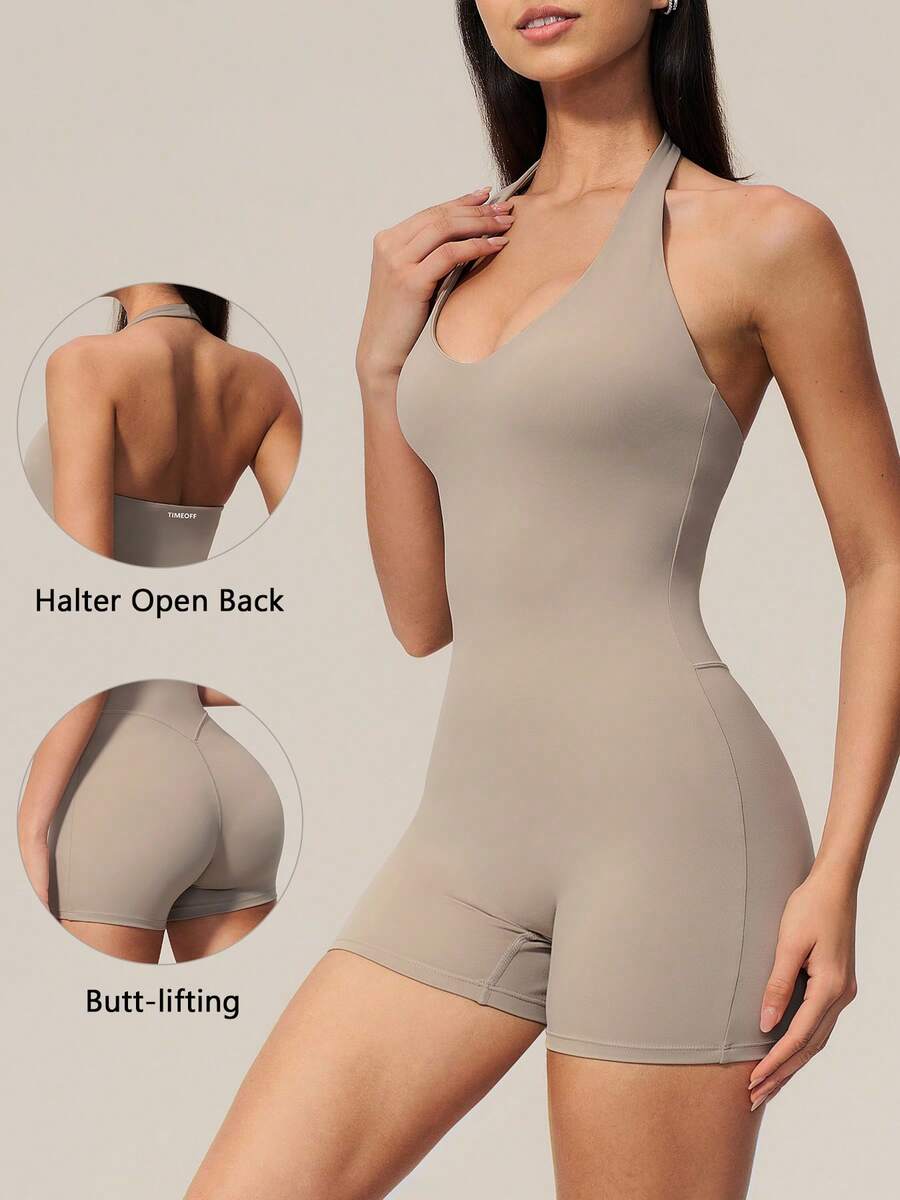 TimeOff Women's 1pc Solid Color Halter Neck U-Neck Backless Sports Romper - Khaki - View 1