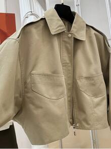 Women's Autumn Vintage Turn-Down Collar Short Flight Jacket With Zipper Pockets, Spring Long Sleeve Outerwear - Khaki - View 3