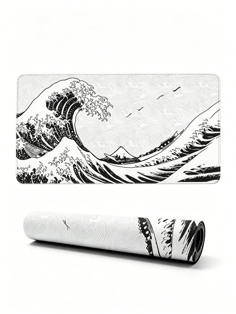 Black White Ukiyo-E Wave Print Extra Large Gaming Mouse Pad, Waterproof Smooth Surface Non Slip Rubber Desk Keyboard Mat For PC Gamer Office Bedroom Table Decor - Multicolor - View 1
