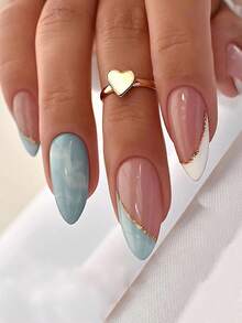 24 piezas de uñas postizas con forma de almendra, estilo clásico elegante, degradado azul cielo con rayas doradas y borde blanco, acabado brillante y brillante, blanco puro, versátiles y de moda, adecuadas para citas, fiestas, primavera, verano, otoño, invierno, uso diario para mujeres y niñas, juego de uñas removibles con pegamento de gelatina y lima de uñas, fáciles de usar y duraderas, pegamento de gelatina enviado al azar - azul real - Ver 4