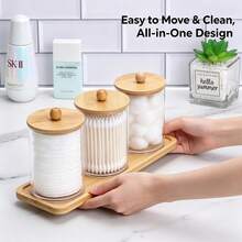 Tbestmax 10 Oz Cotton Swab/Ball/Pad Holder With Vanity Tray, Qtip Apothecary Jar, Bathroom Containers Dispenser Storage 3 Pack Wood Lids - 3pcs(托盤) - 查看 5