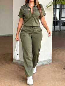 LUNNELUX Women's Autumn Green Collared Short Sleeve Wide Leg Tie Waist Jumpsuit Summer - Green - View 9