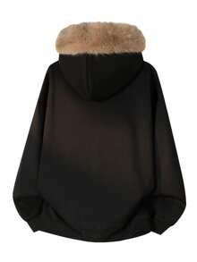 Large Size Hooded Sweatshirt, Faux Fur Collar, Fleece Lined Pullover, Suitable For Autumn/Winter, Casual Daily And Commute Wear - Black - View 3
