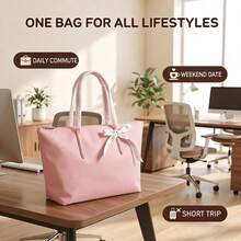 1pc Women's Waterproof Nylon Tote Bag, Pink With White Bow, Large Capacity Zipper Handbag, Durable And Lightweight, Perfect For Work, School, Travel And Daily Use - View 12
