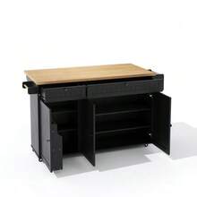 Kitchen Island With Fold-Down Worktop, Kitchen Cabinet On 6 Lockable Casters, With Storage Shelf - 黑色 - 查看 3