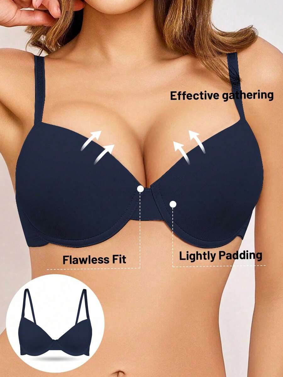 Women's Solid Color Minimalist Underwire Push-Up Bra - Blue - View 1