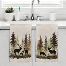 MEMNUN 2 Pcs Misty Watercolor Fir Forest Deer Print Kitchen Towels, Dish Towels, Hand Towels, Dish Cloths, Home Decor, Kitchen Decor, Cooking Baking Hand Towels, Kitchen Accessories, Machine Washable, Cleaning Supplies, Suitable For Restaurant Kitchen, Home Decor And Gifts, All Seasons - Multicolor - View 10