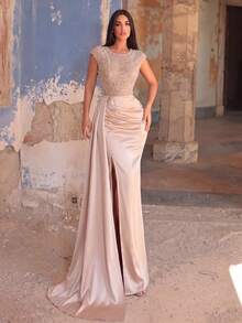Elisanya Women's Elegant Long Sequin Dress, With Cap Sleeves, Round Neck, Slit Hem And Pleated Design Party Wedding - Champagne - View 4