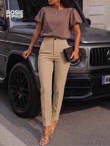 ROSIE POPHUB Women Apricot Elegant High Waist Pleated Straight Leg Pants Single Button Slim Fit Office Work Trousers For Daily Commute Fall Winter - Apricot - View 4