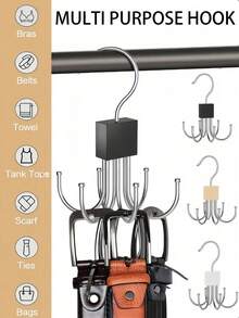 1/2 Pack 6-Claw Metal Hook, 360° Rotating Belt Rack, 6 Hooks Total, Rotatable Belt Storage Rack, Wardrobe Belt Organizer, No-Drill Dorm Closet Storage Hook, Multi-Function Home Coat Hook; Suitable For Storing Vests, Bags, Belts, Underwear, Panties, Scarves And Ties, Can Be Used As Bathroom Accessories, Home Decor, Christmas Decoration - Black - View 2