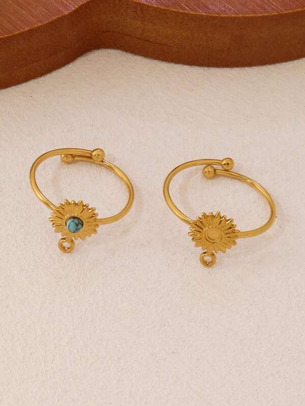 1 pieza Anillo abierto de acero inoxidable con sol turquesa para mujer, hallazgos de moda, anillo redondo ajustable chapado en oro de 18K, accesorios de joyería