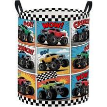 1PC Cartoon Comic-Style Off-Road Vehicle Printed Double-Handle Laundry Basket, Black-And-White Checkered Racing Pattern Foldable Storage Bin, Suitable For Storing Clothes, Miscellaneous Items, And Home Decoration - View 7