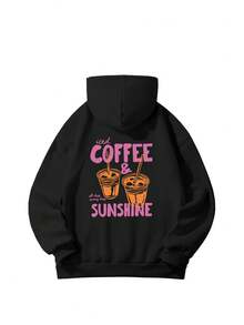 Women's Hooded Sweatshirt, Autumn/Winter New Iced Coffee Pattern And Letter Print, Drawstring Design, With Pockets, Casual Versatile Loose Fit Top, Fashionable Daily Wear - Black - View 3