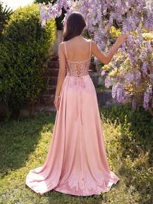 ADYCE Elegant V-Neck Suspender With Rhinestone Hot Stamping Perspective, High Waisted Long Ribbon Split Open Backless Lace Up And Floor Party Dress Prom - Pink - View 2