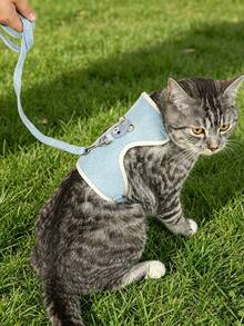 Polyester Cute Bear Pattern Mesh Breathable Comfortable Pet Harness And Leash 2pcs Set, Pet Supplies, Cat And Dog Supplies, Suitable For Small Dogs Outdoor Use (Not Suitable For Large Dogs) - Blue - View 2