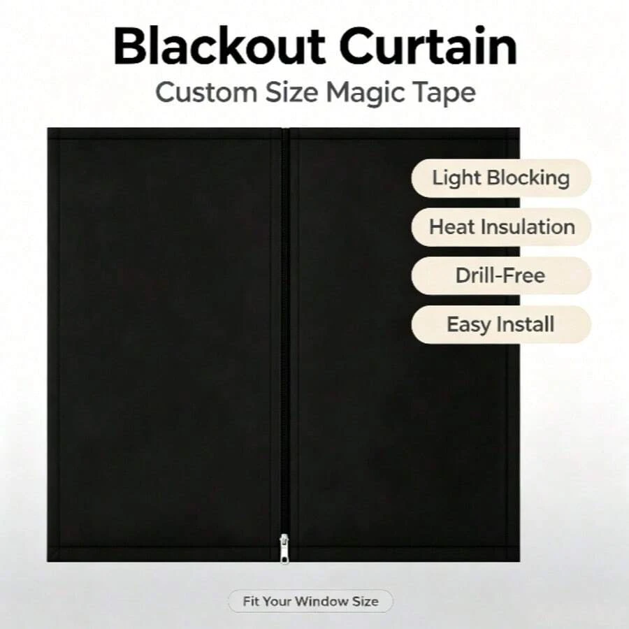 No-Drill Self-Adhesive Blackout Curtains! Custom Size Zipper Style, Heat Insulation And Light Blocking, Suitable For Bedroom And Kitchen, Essential For Renters~ - Black - View 1