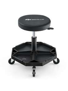 Black Heavy-Duty Adjustable Height Rolling Stool With Tool Tray Storage 330 LBS Capacity - as Pic - View 5