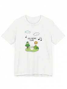 New For Spring/Summer 2026: "Picnic Time" Cartoon Print, Women's Short-Sleeved T-Shirt, Round Neck Short Sleeve. - Black - View 7