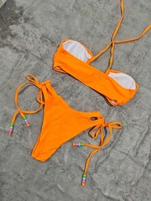 2026 Summer New Women's Beach Vacation Casual Elegant Sexy Orange Bandeau Halter Bikini Set With Beaded Details - Orange - View 3