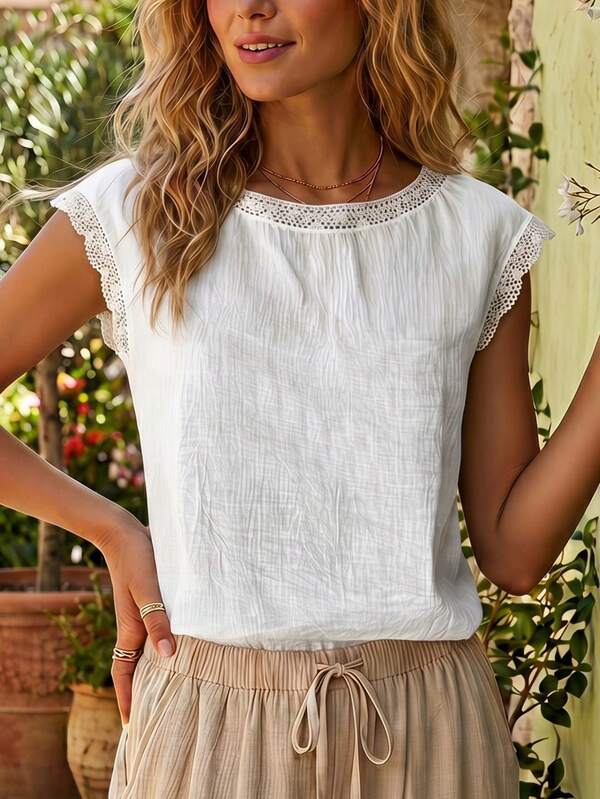 Vintage Linen Blend Women's Lace Patchwork Round Neck Loose Fit T-Shirt, Summer Casual Top