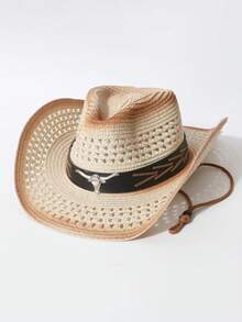 Unisex Gradient Hollow Western Cowboy Straw Hat, Bull Head Decor Wide Brim UV Sun Hat, Adjustable Wind Lanyard Beach Outdoor Sunscreen Hat - Permed and Dyed Cowhide Hat - View 8